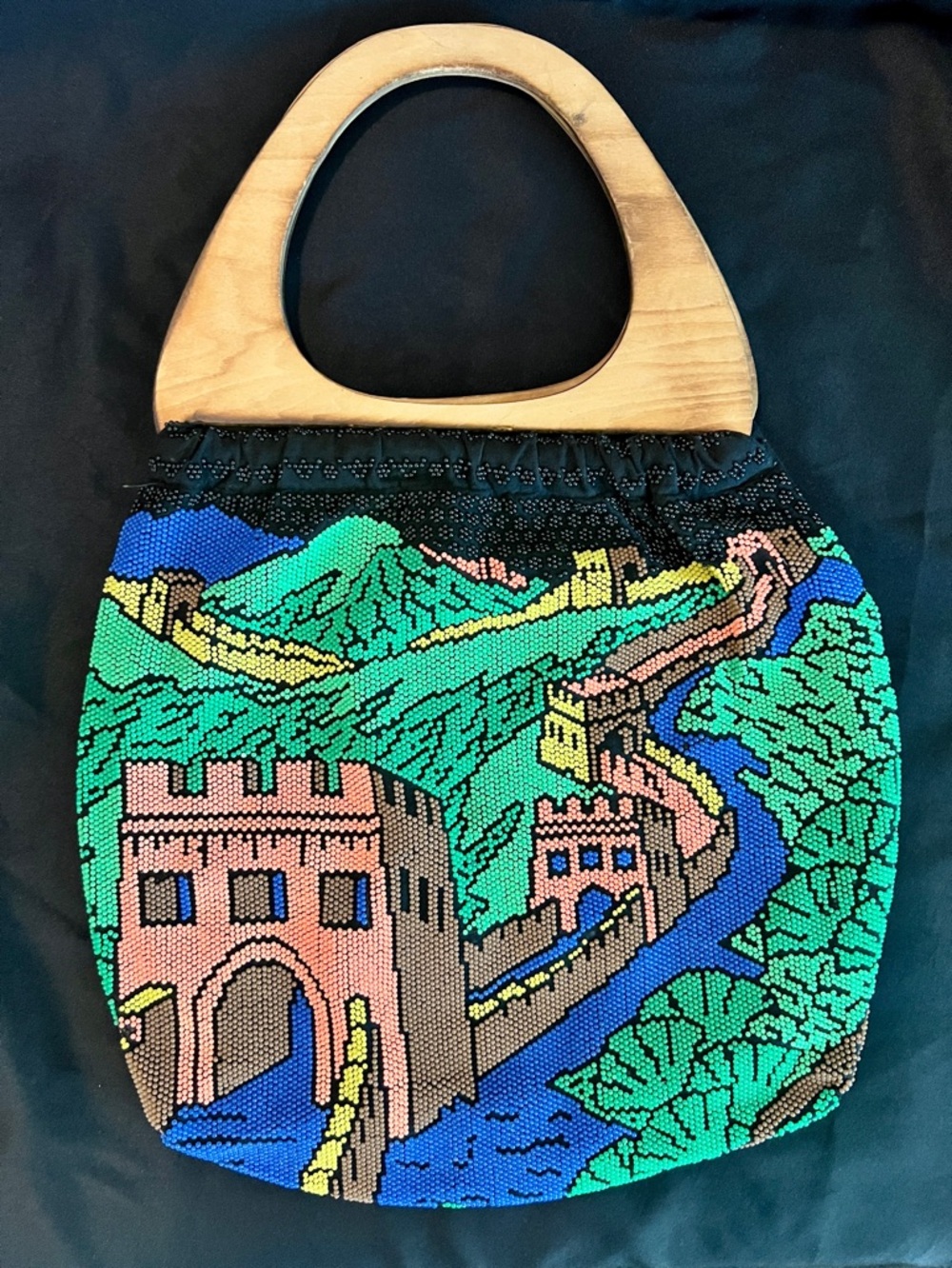 Vintage Great Wall of China Beaded Scenic Handbag Wooden Handles - Green & Blue